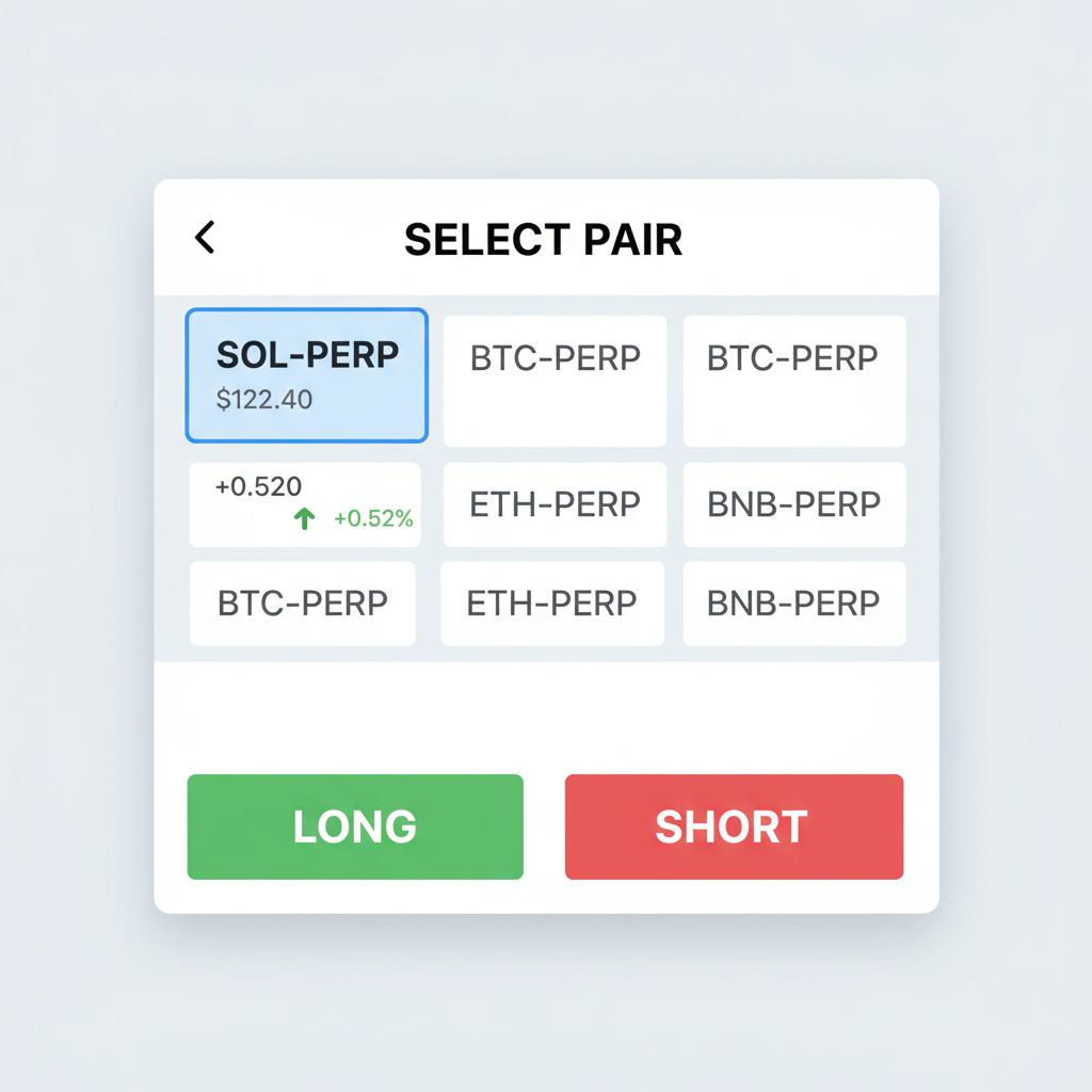 Perps pair selector screen, SOL-PERP highlighted at $122.40, long/short buttons