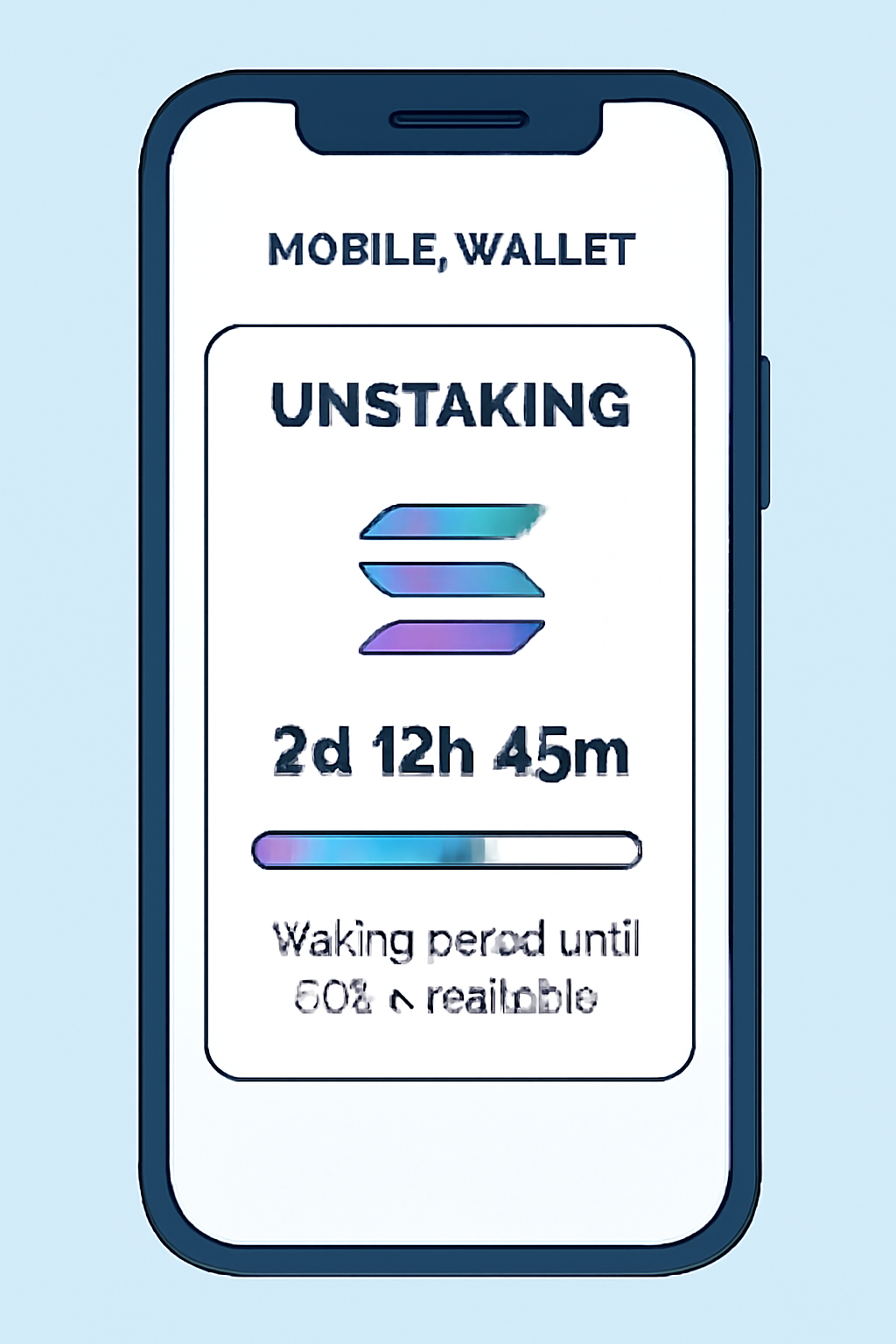 A mobile wallet showing an unstaking process, with a countdown timer and a progress bar, indicating the waiting period until SOL is available.