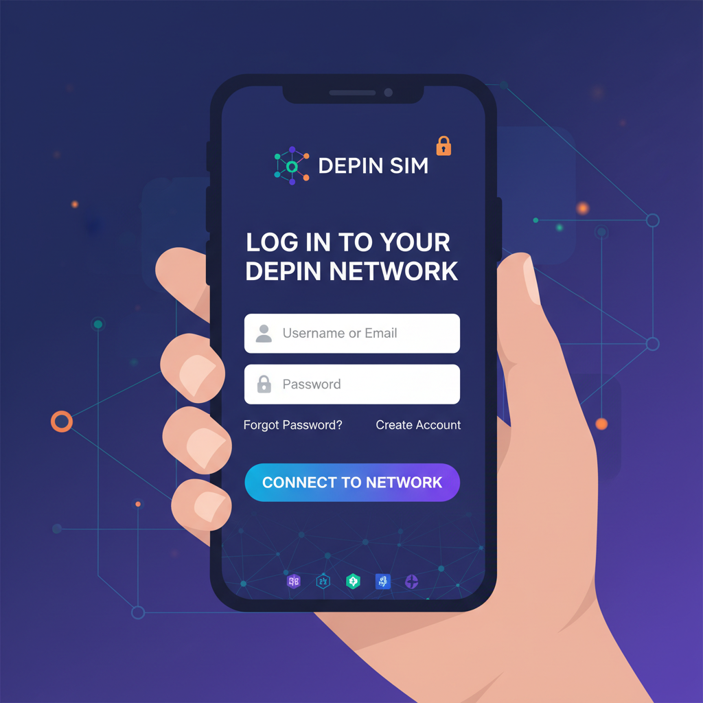Browser on phone showing Depinsim login page, crypto DePIN theme