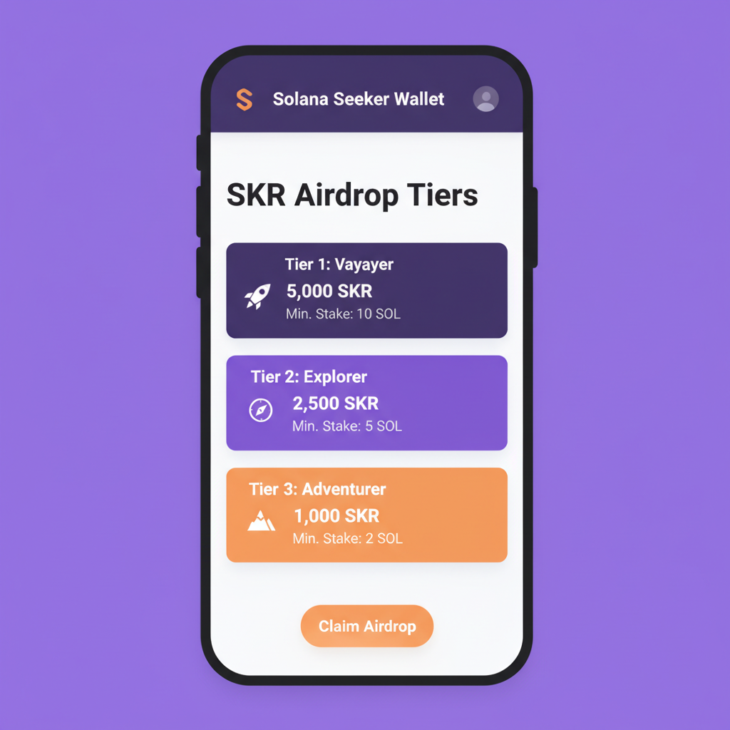Solana Seeker phone screen showing SKR airdrop tiers in wallet UI, clean crypto design