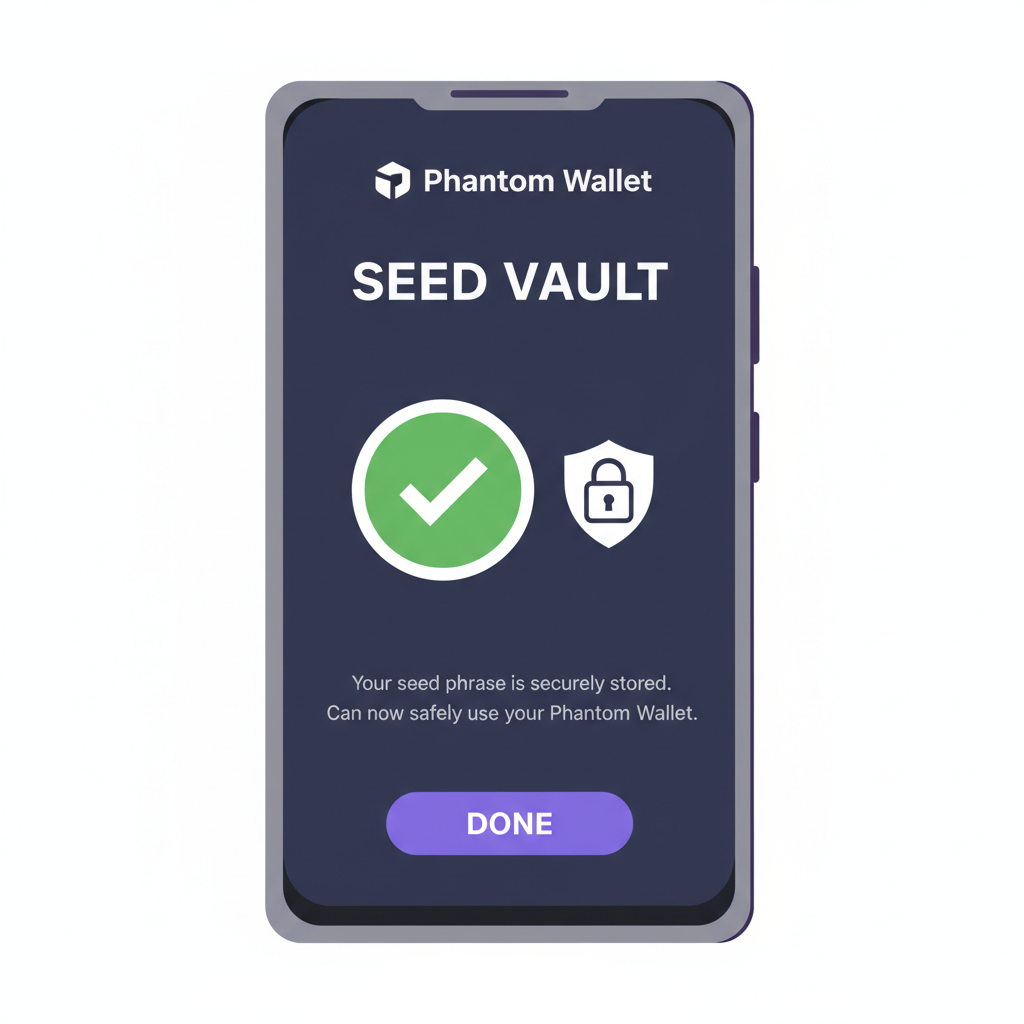 Close-up of Phantom Wallet app on Saga phone showing Seed Vault confirmation screen, green checkmark, secure lock icon
