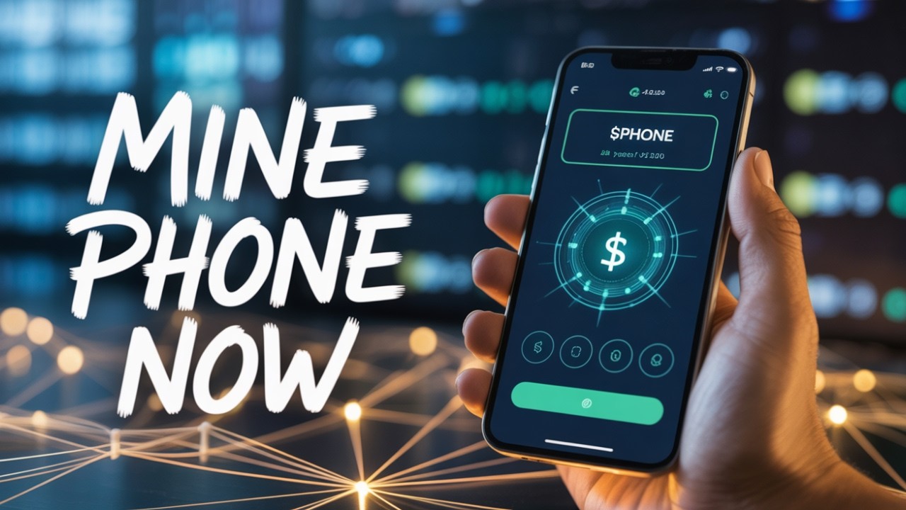 User mining $PHONE cryptocurrency on a smartphone with the Chainphon app interface visible