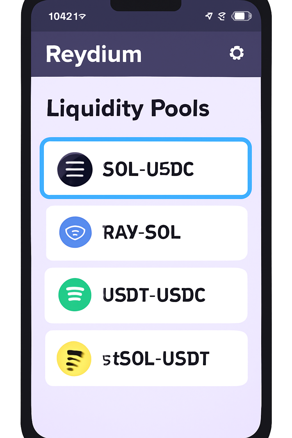 Close-up of Saga 2 screen in Raydium app displaying liquidity pools list with SOL-USDC pool highlighted