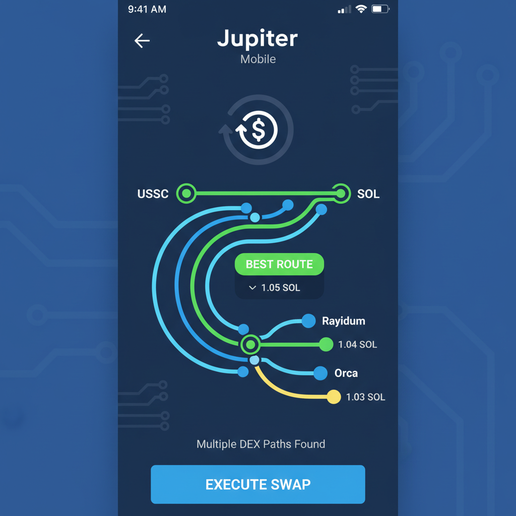 Route optimization view in Jupiter Mobile, multiple DEX paths highlighted, green best route