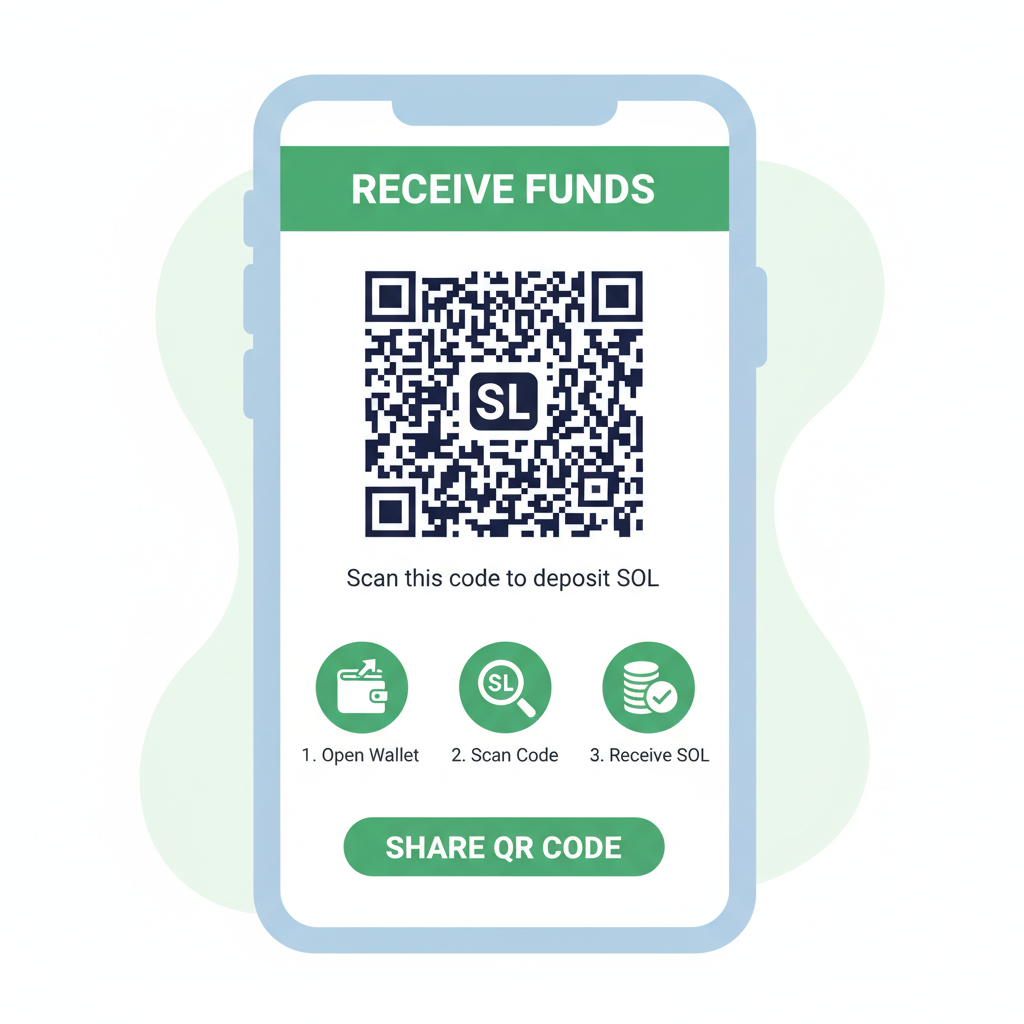 Mobile wallet deposit screen with SOL QR code, receive funds interface, green SOL icons