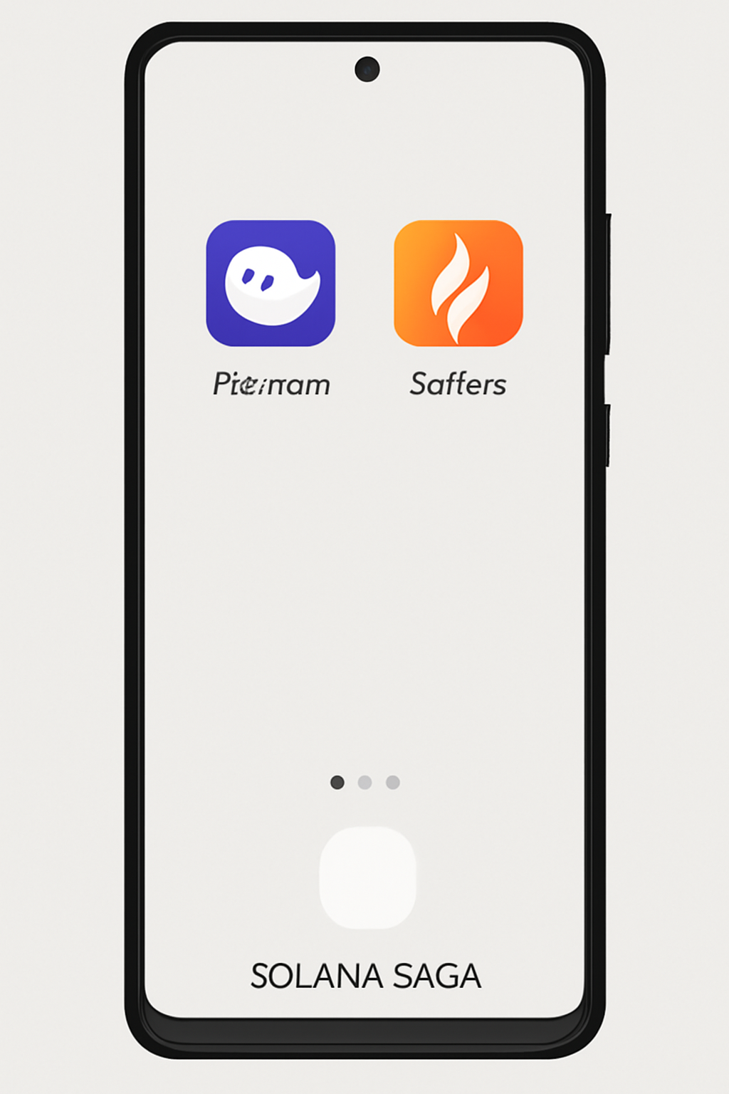 A Solana Saga smartphone displaying the Phantom and Solflare wallet app icons on its home screen, with a simple and clean interface, digital style.