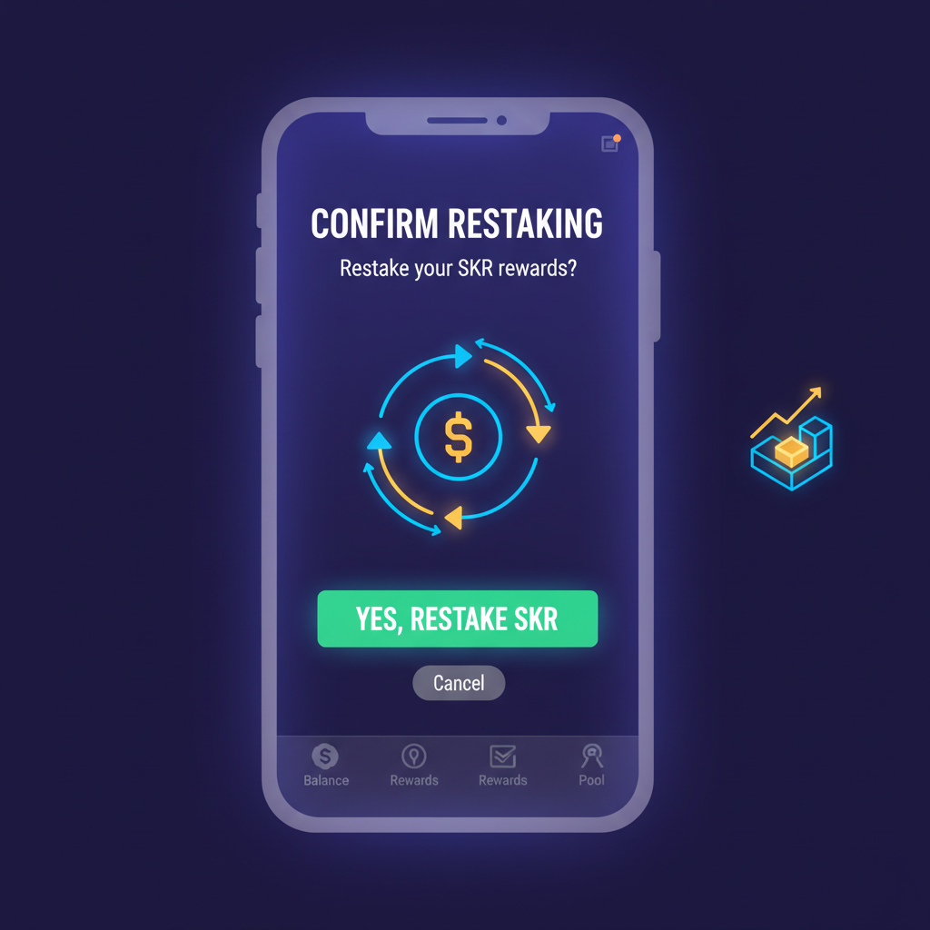 Seeker phone interface restaking SKR rewards into staking pool, glowing confirmation screen
