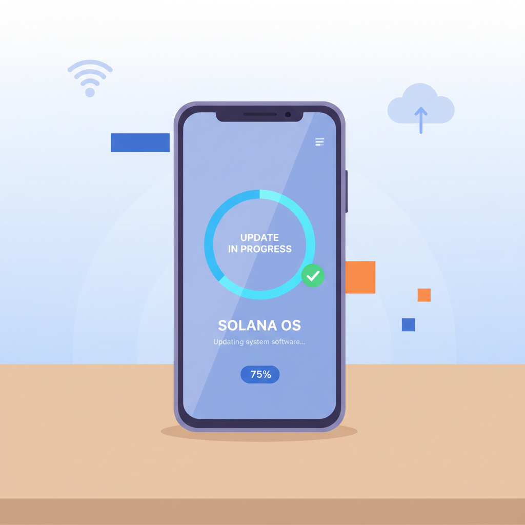 Solana Saga crypto phone on table with update screen, modern tech aesthetic