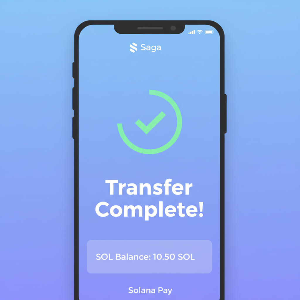 Saga phone showing bridge progress bar, success animation, Solana wallet balance