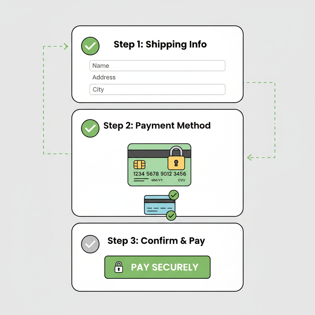 secure payment checkout screen with credit card and lock icon, green checkmarks